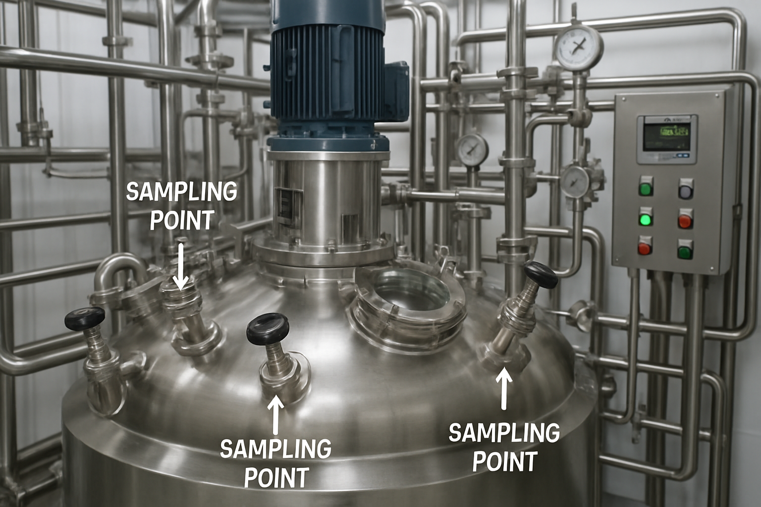 Mixing tank in a pharmaceutical facility showing sampling ports for quality control.