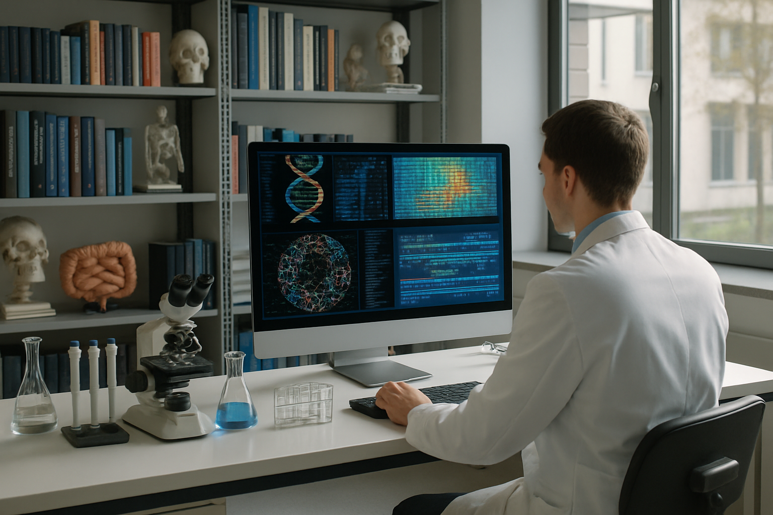 Researcher analyzing biological data in a modern bioinformatics lab.