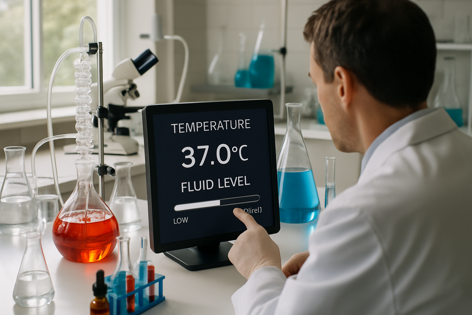 Scientist monitoring temperature and fluid levels in a laboratory setting.