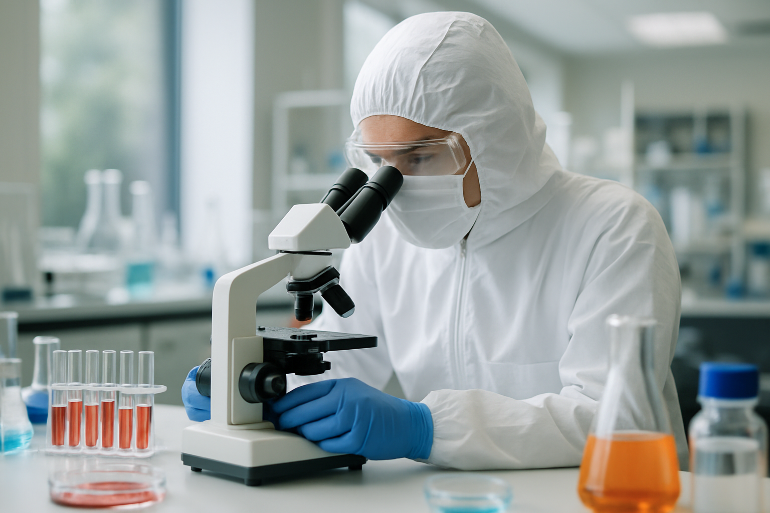 Scientist analyzing samples in a cleanroom focused on inflammation research.