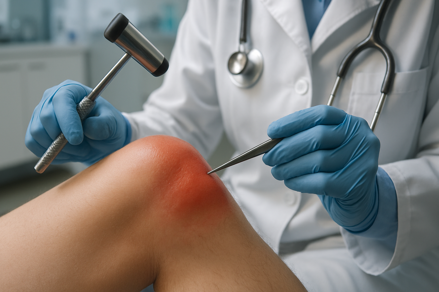 Medical professional examining an inflamed joint for clinical signs of inflammation.