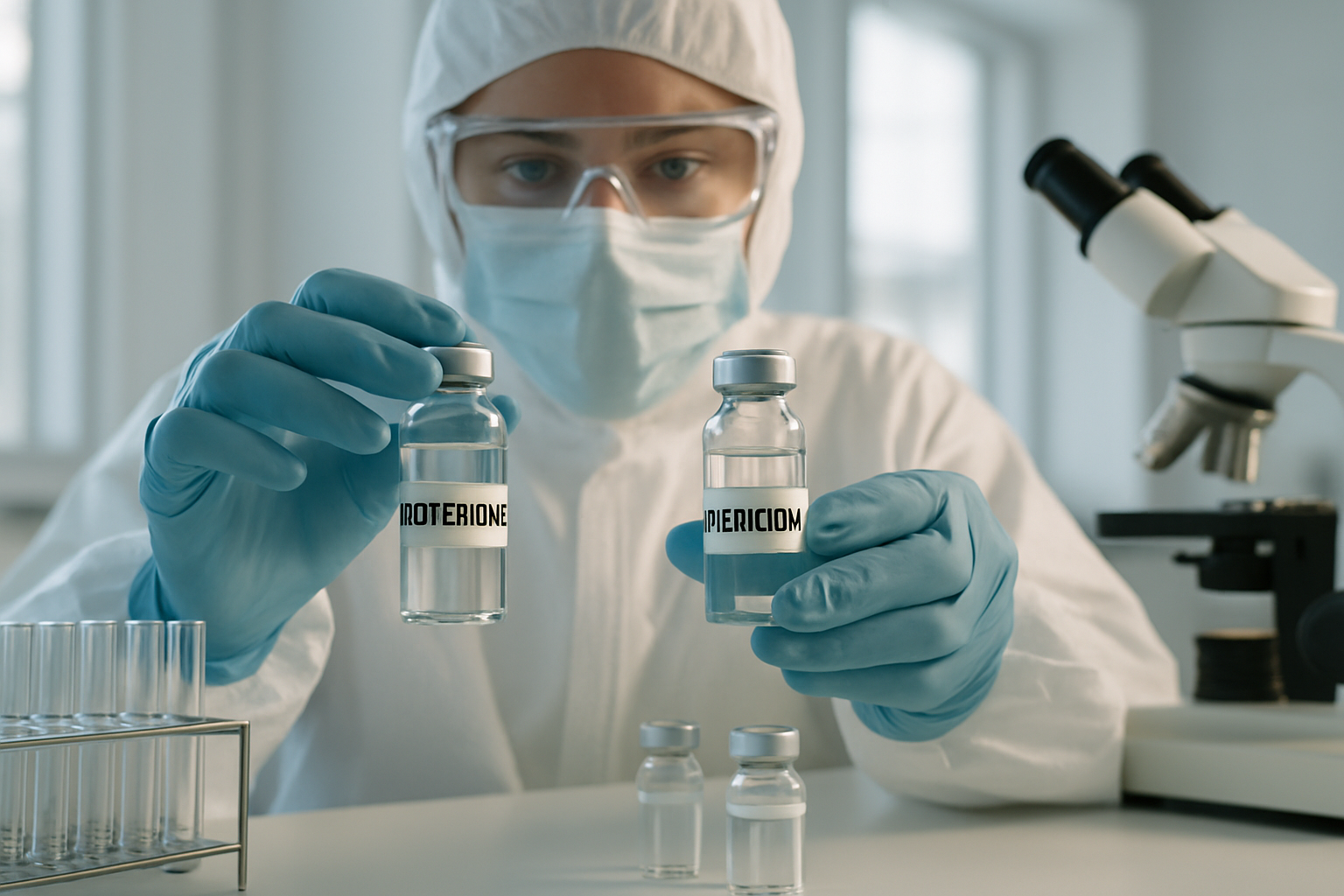 Laboratory scene with a scientist handling vials of electron transport chain inhibitors.