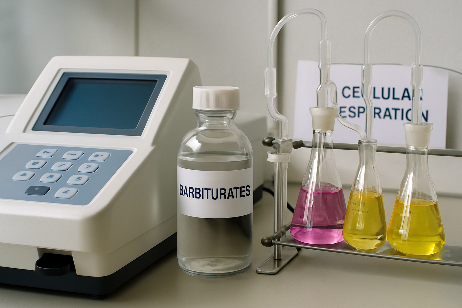 Laboratory equipment for testing barbiturates' effects on cellular respiration.
