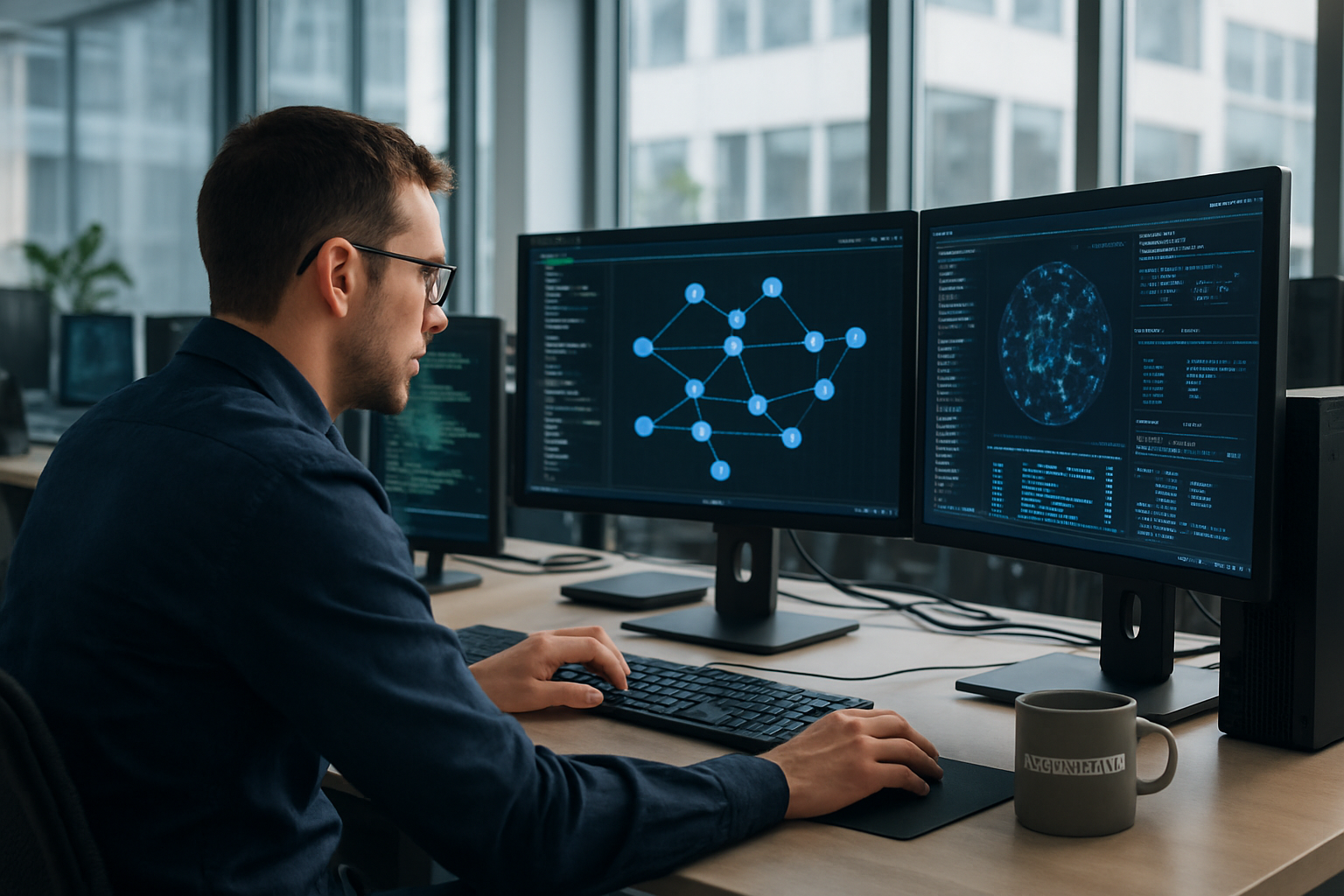 Cybersecurity analyst examining data flow diagrams on multiple screens in a modern office.