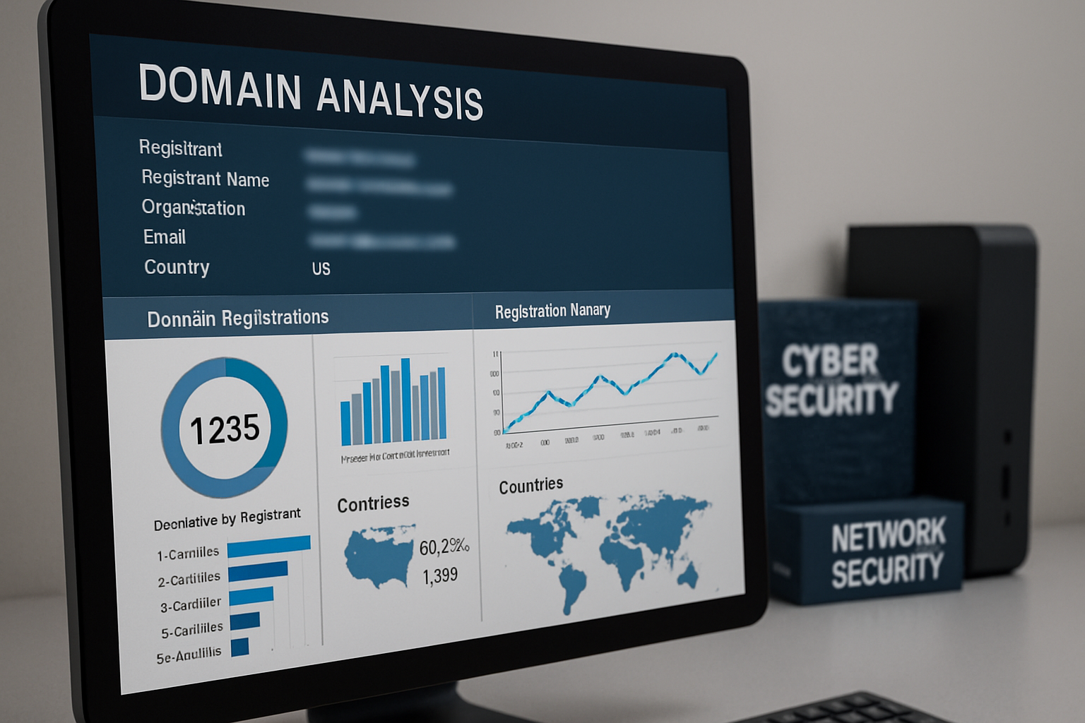 Close-up of a computer screen showing domain analysis metrics in a cybersecurity workspace.