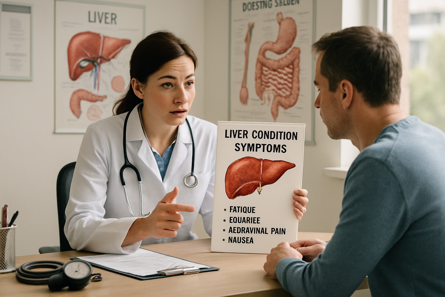 Consultation on liver condition symptoms in a clinical setting, highlighting patient education.