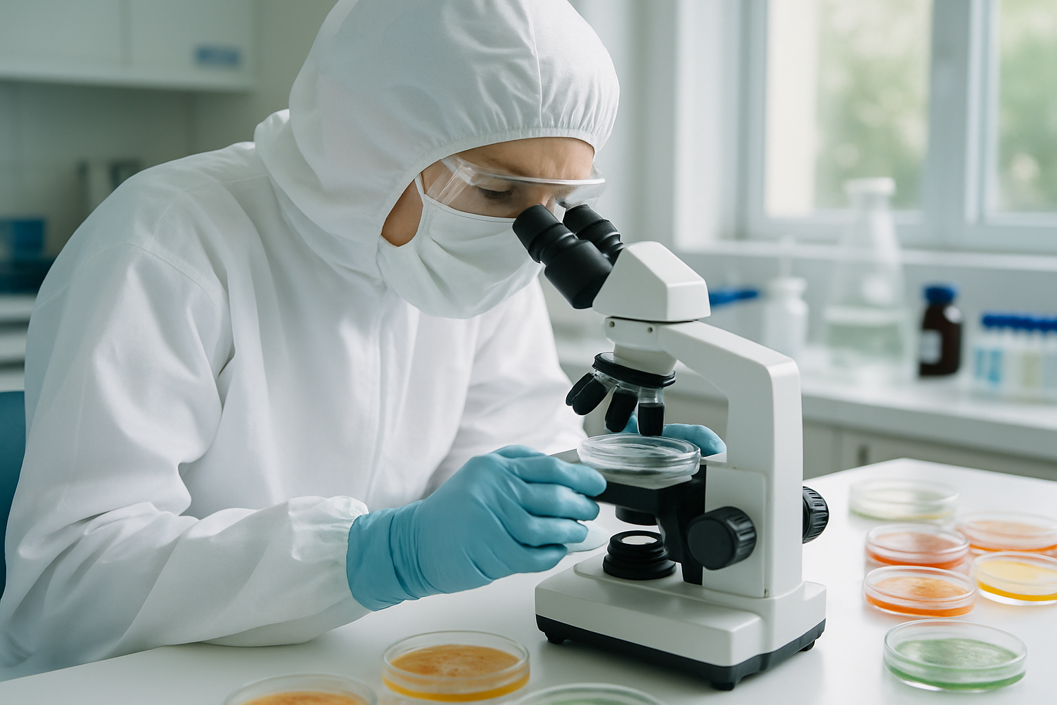 Laboratory technician examining bacterial cultures under a microscope in a cleanroom.