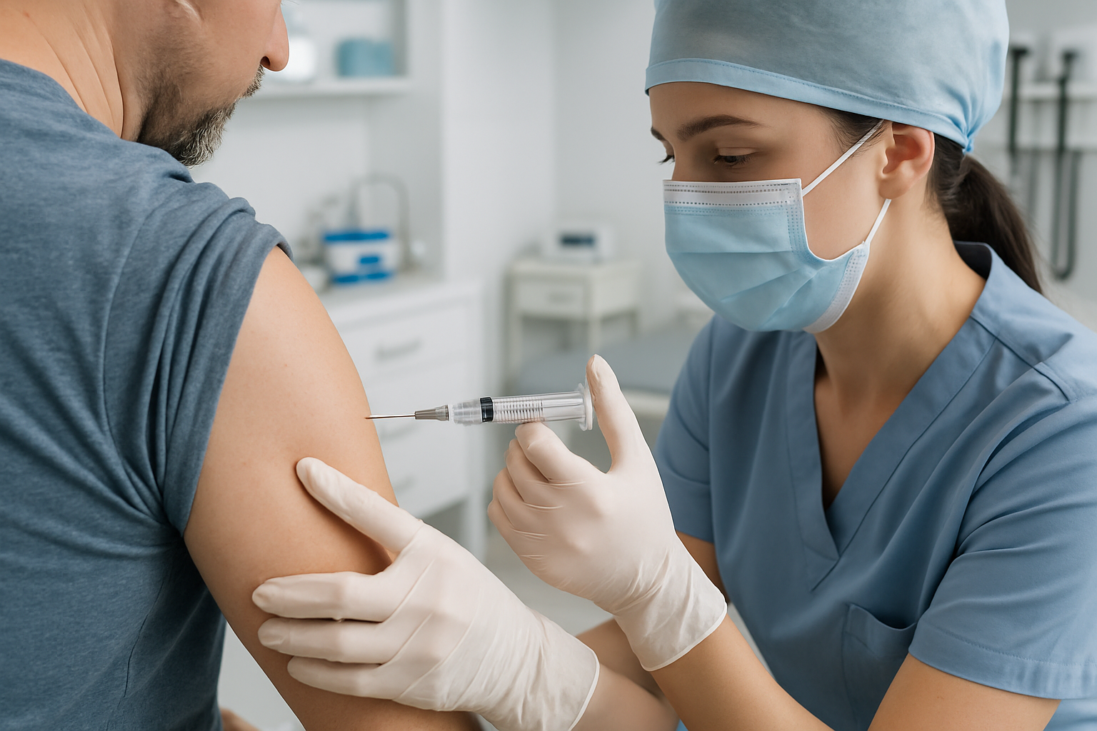 Healthcare professional administering a vaccine in a clinical setting.