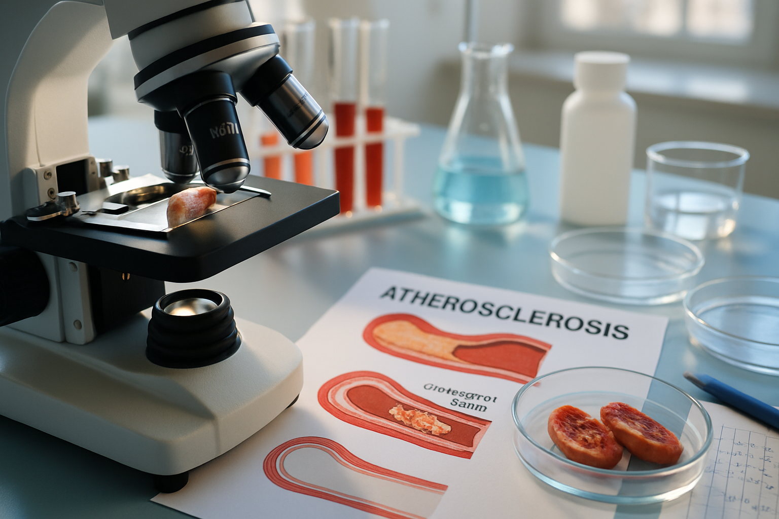 Microscope examining arterial tissue samples for atherosclerosis research.