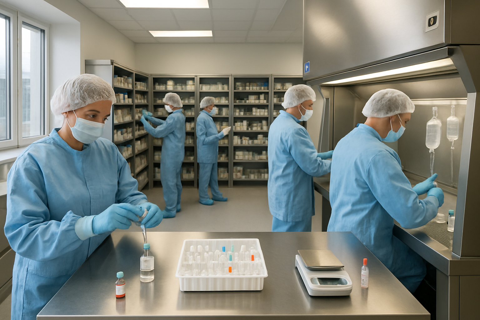 Hospital pharmacy staff preparing medications in a cleanroom environment.