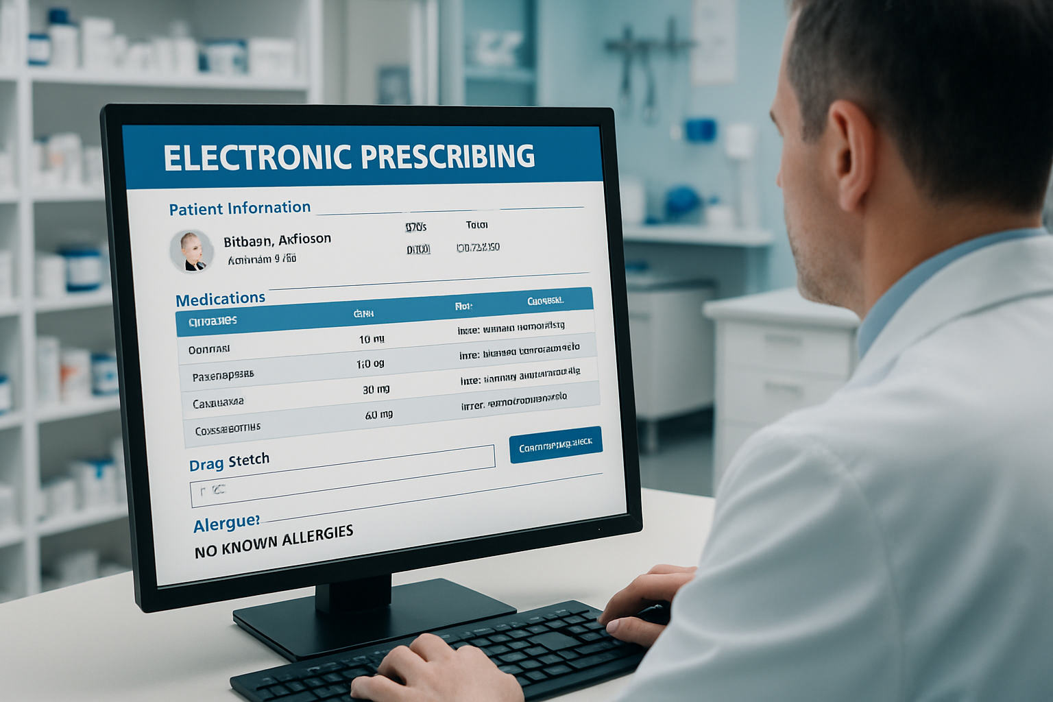 Pharmacist using an electronic prescribing system in a hospital pharmacy.