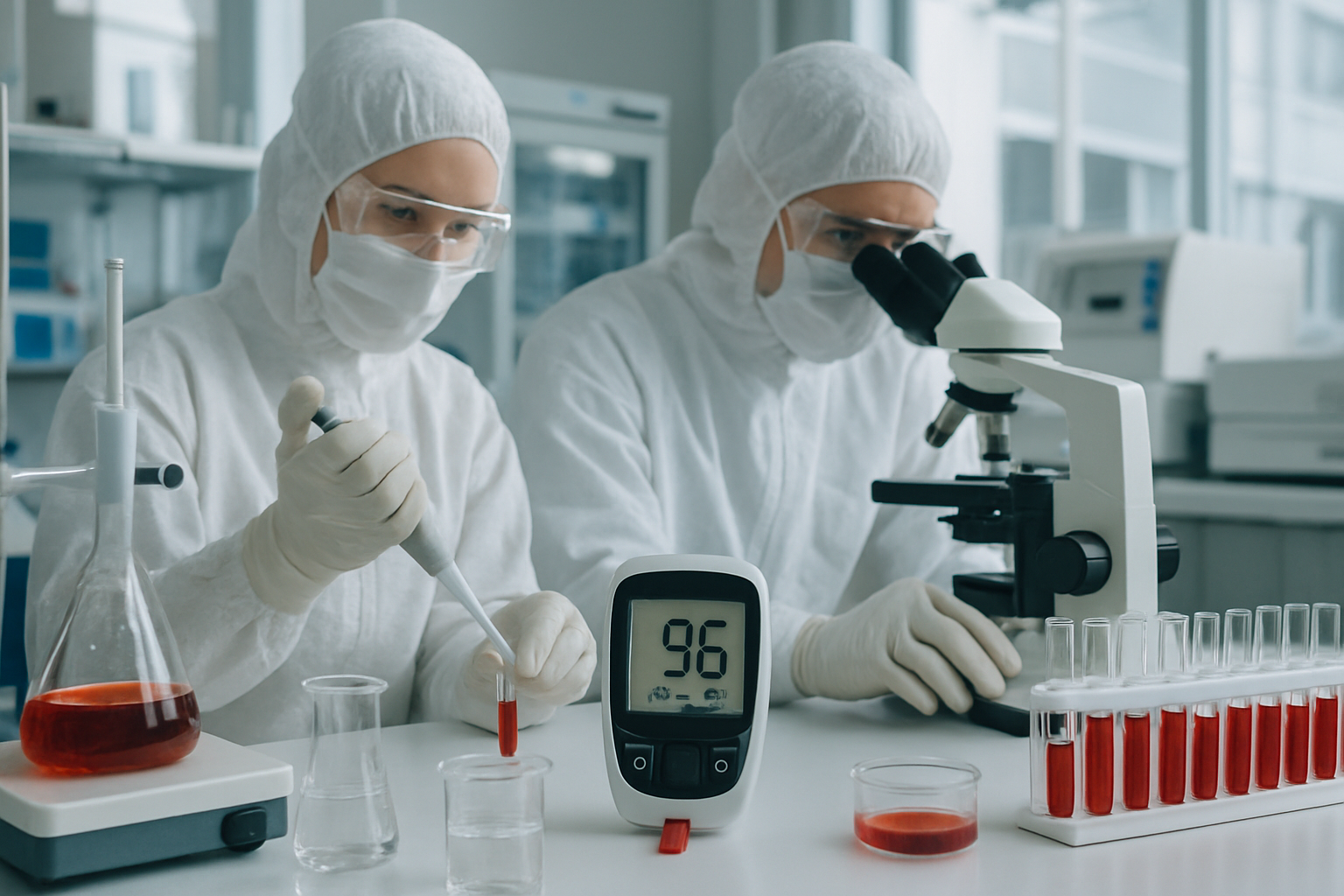 Laboratory setup for analyzing blood glucose levels with precision instruments.