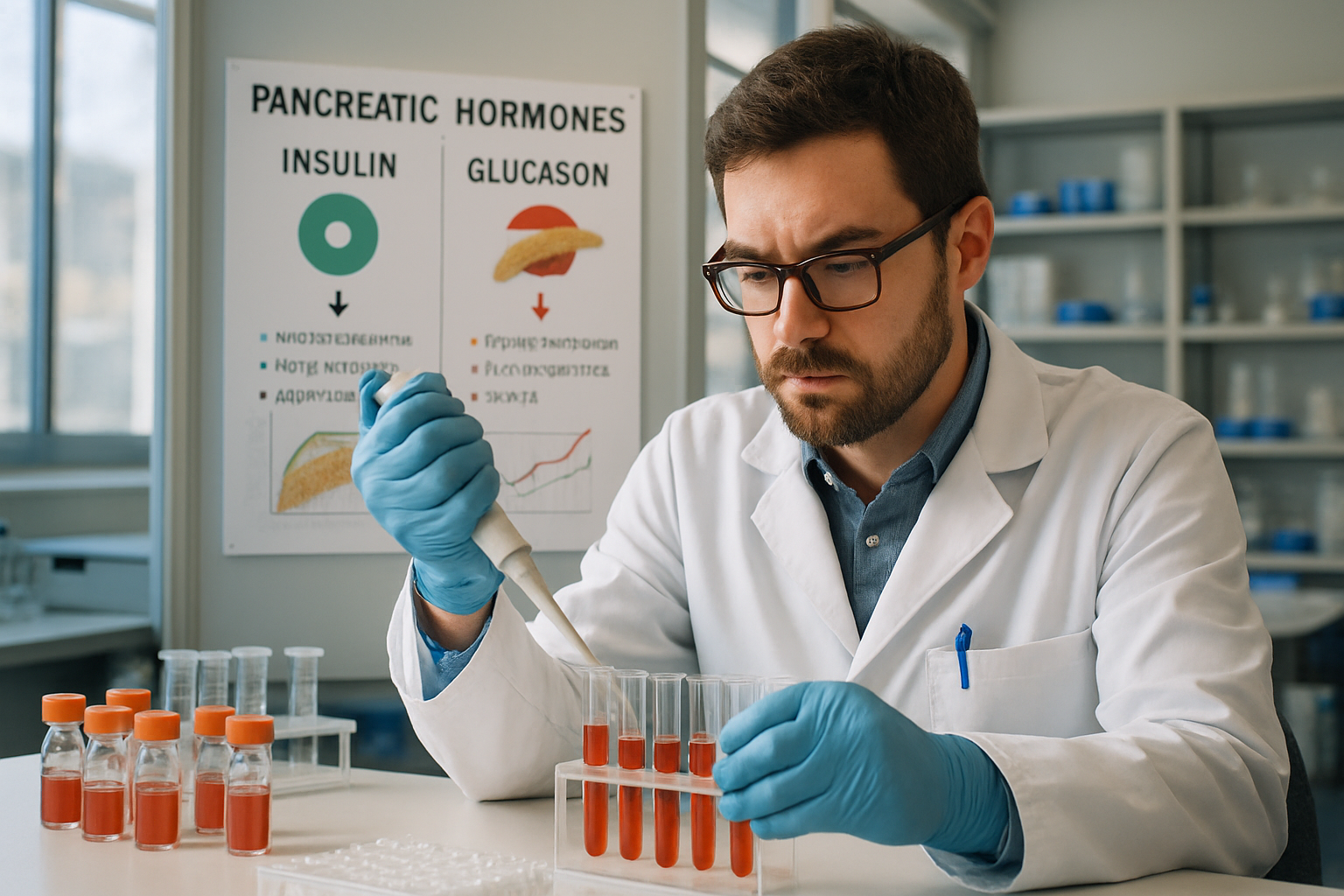 Biochemist analyzing pancreatic hormones related to glucose regulation.