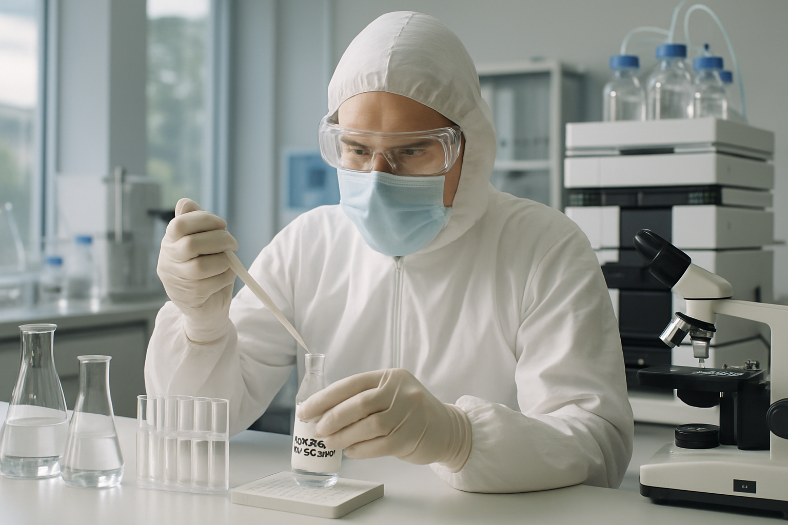 Scientist analyzing glucose-6-phosphate in a cleanroom laboratory.
