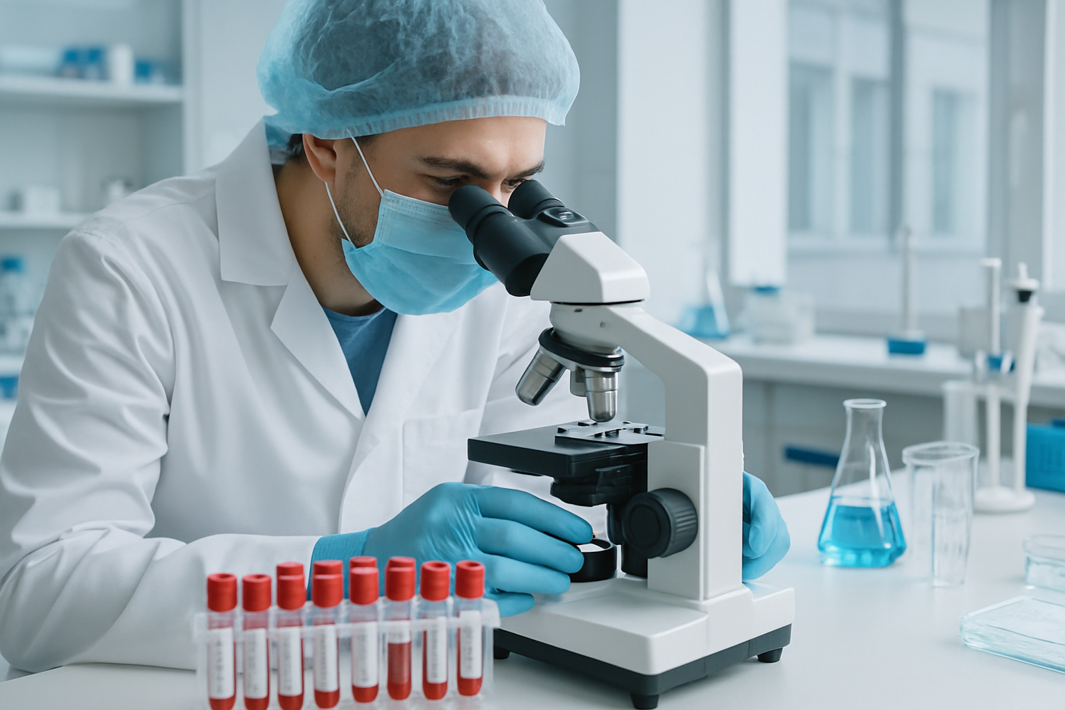 Laboratory technician examining blood samples for hematological disorders.