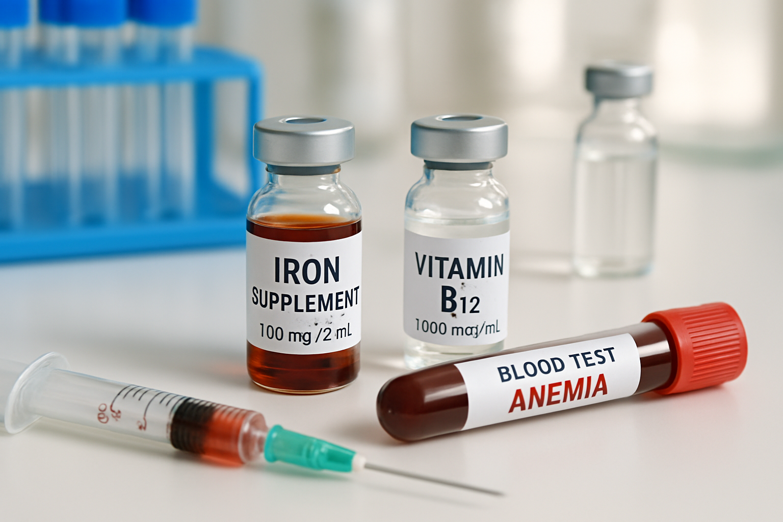 Vials of iron supplements and vitamin B12 for anemia treatment in a lab.