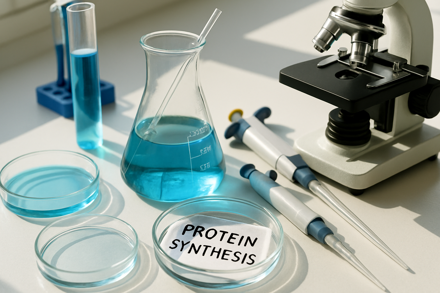 Laboratory setup for studying protein synthesis with glassware and equipment.