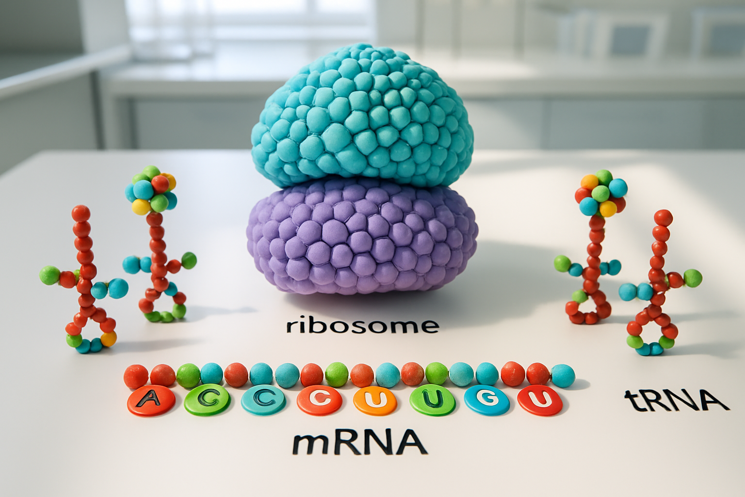 Ribosome model with mRNA and tRNA models illustrating protein synthesis.