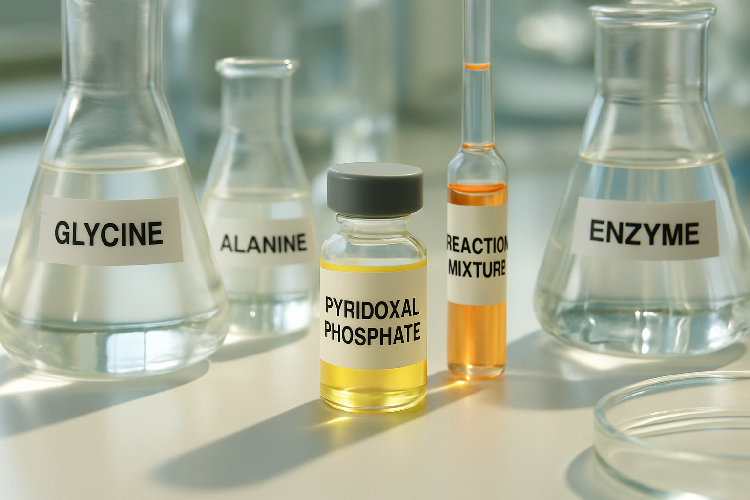Laboratory setup featuring pyridoxal phosphate and amino acids for metabolic reactions.