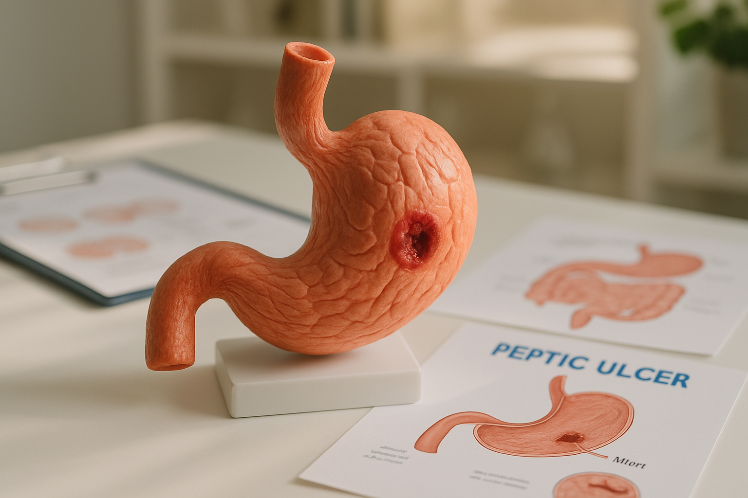 Anatomical model of the stomach used for educational purposes on peptic ulcers.