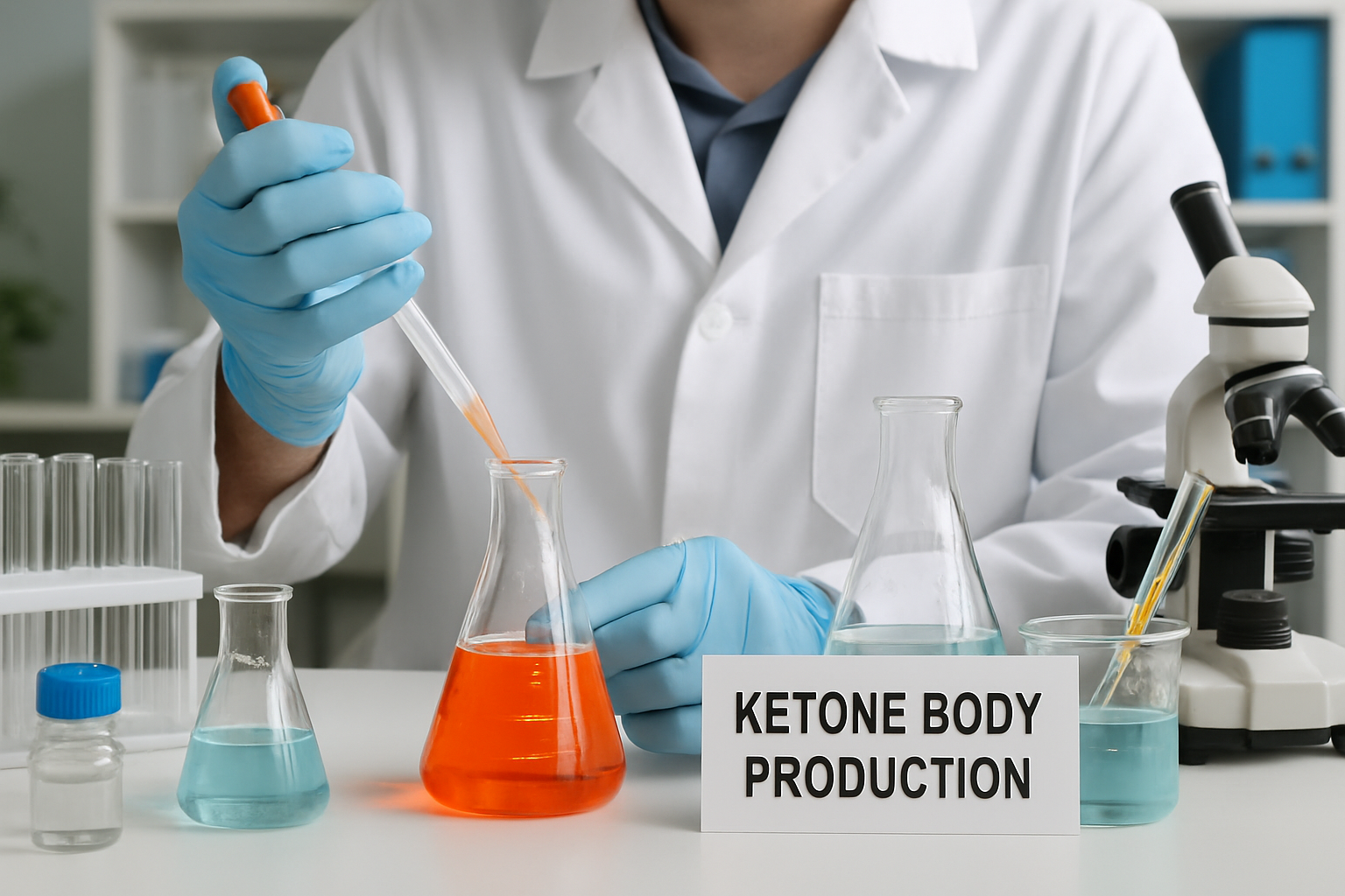Researcher studying ketone body production in a biochemistry lab with laboratory equipment.