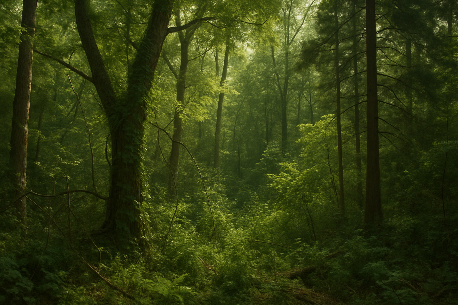 Diverse forest ecosystem with sunlight filtering through trees, highlighting biodiversity.