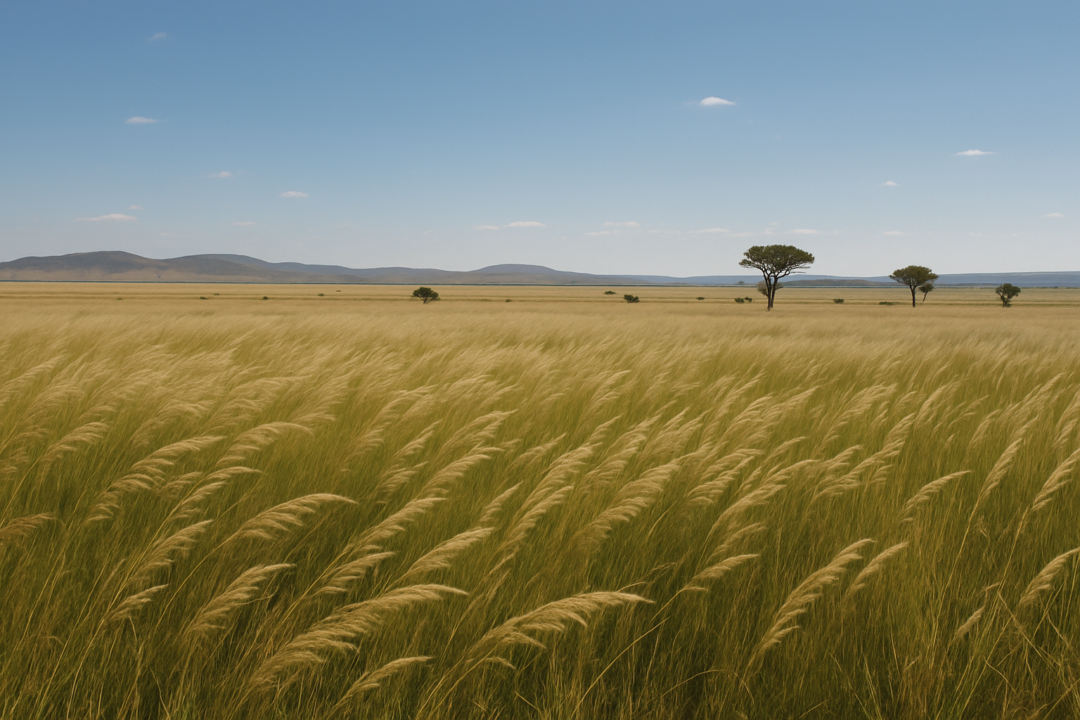 Expansive grassland ecosystem with tall grasses and distant hills under a clear sky.