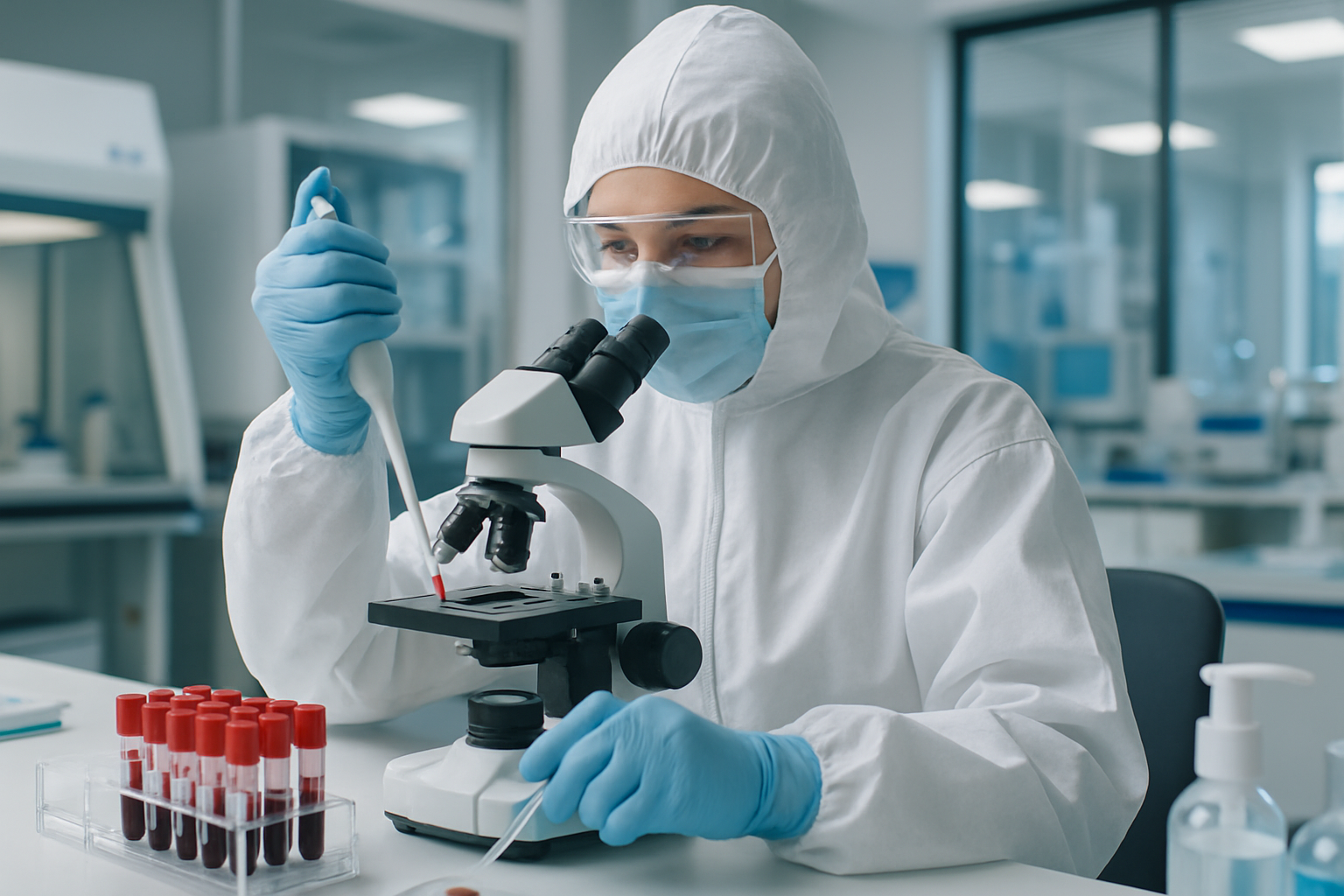 Laboratory technician analyzing blood samples for enzyme leakage in a cleanroom.