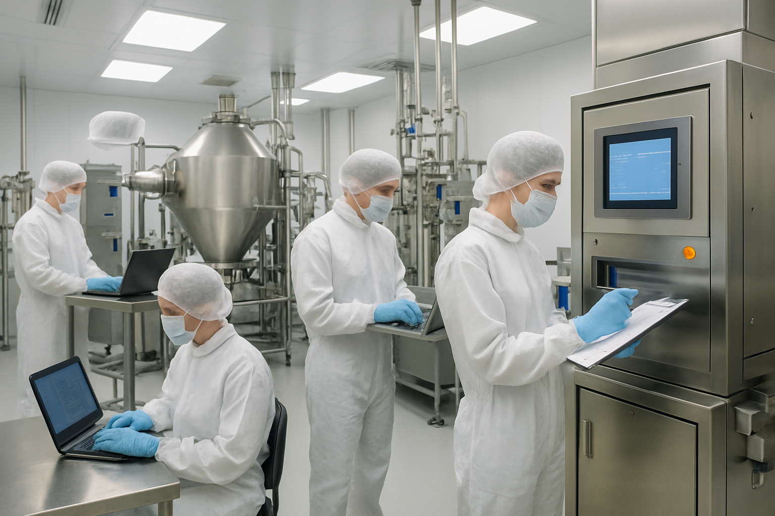 Technicians performing validation tests in a pharmaceutical cleanroom.
