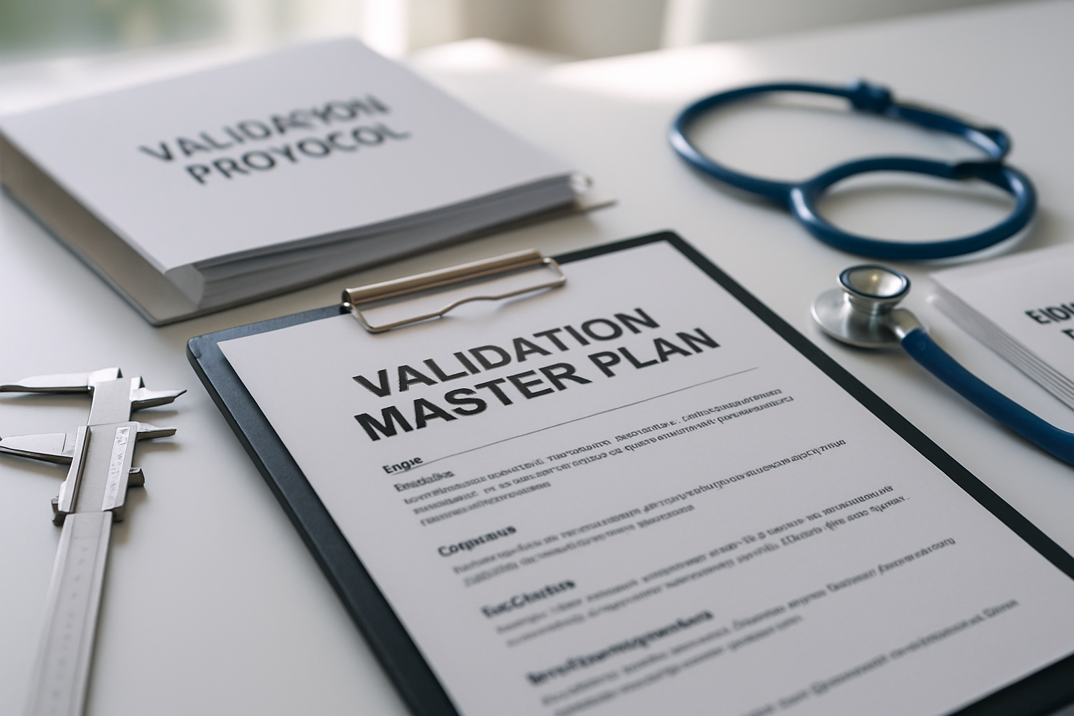 A Validation Master Plan document and validation tools in a pharmaceutical office.