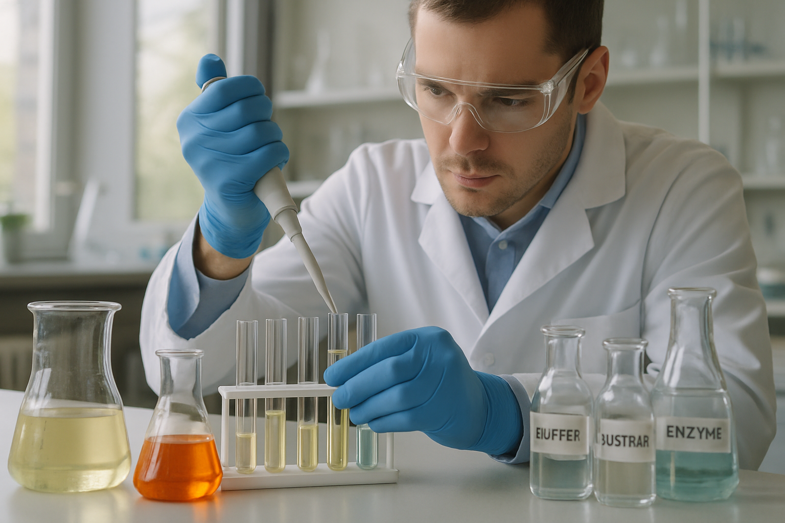 Scientist performing enzyme kinetics experiments in a laboratory setting.