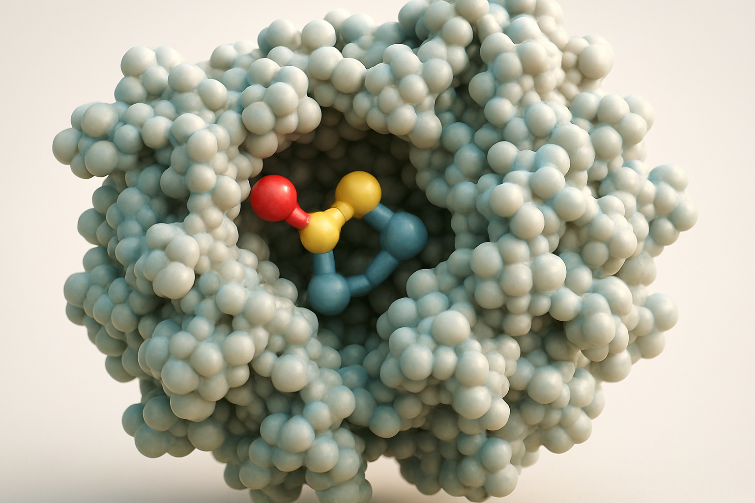 Detailed molecular model of an enzyme showing active site and substrate interaction.