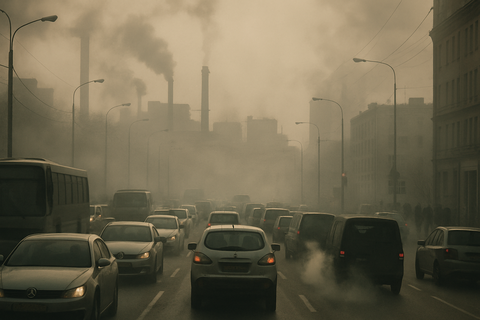 Urban scene depicting air pollution with smog and vehicle emissions.