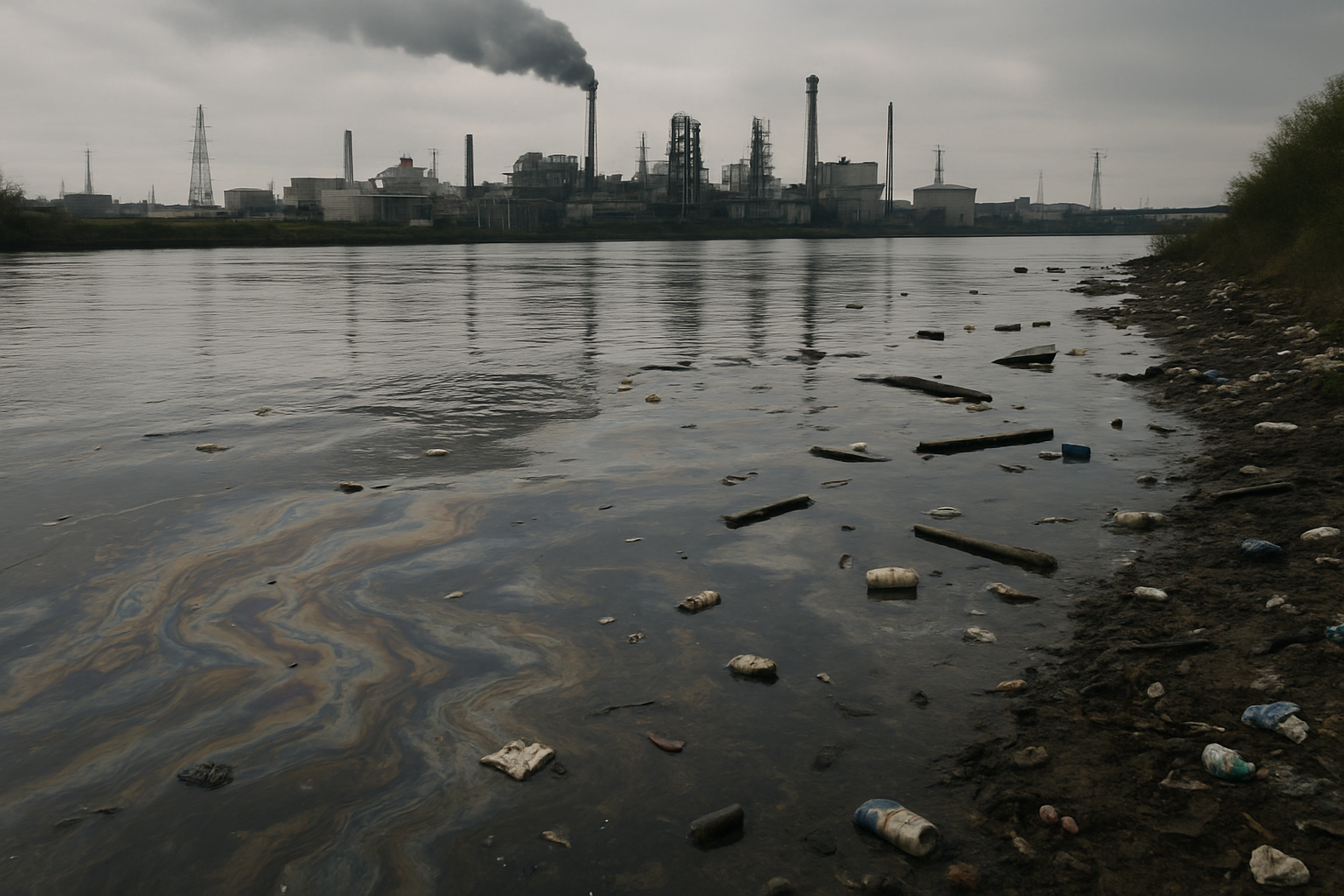 Polluted river showing contaminants and industrial surroundings.