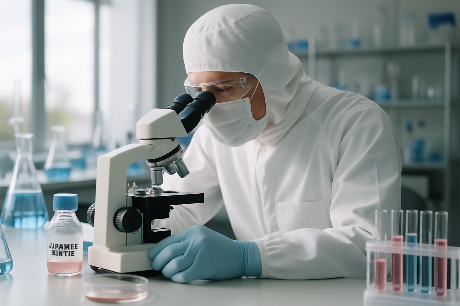 Scientist analyzing hormone samples in a cleanroom laboratory.