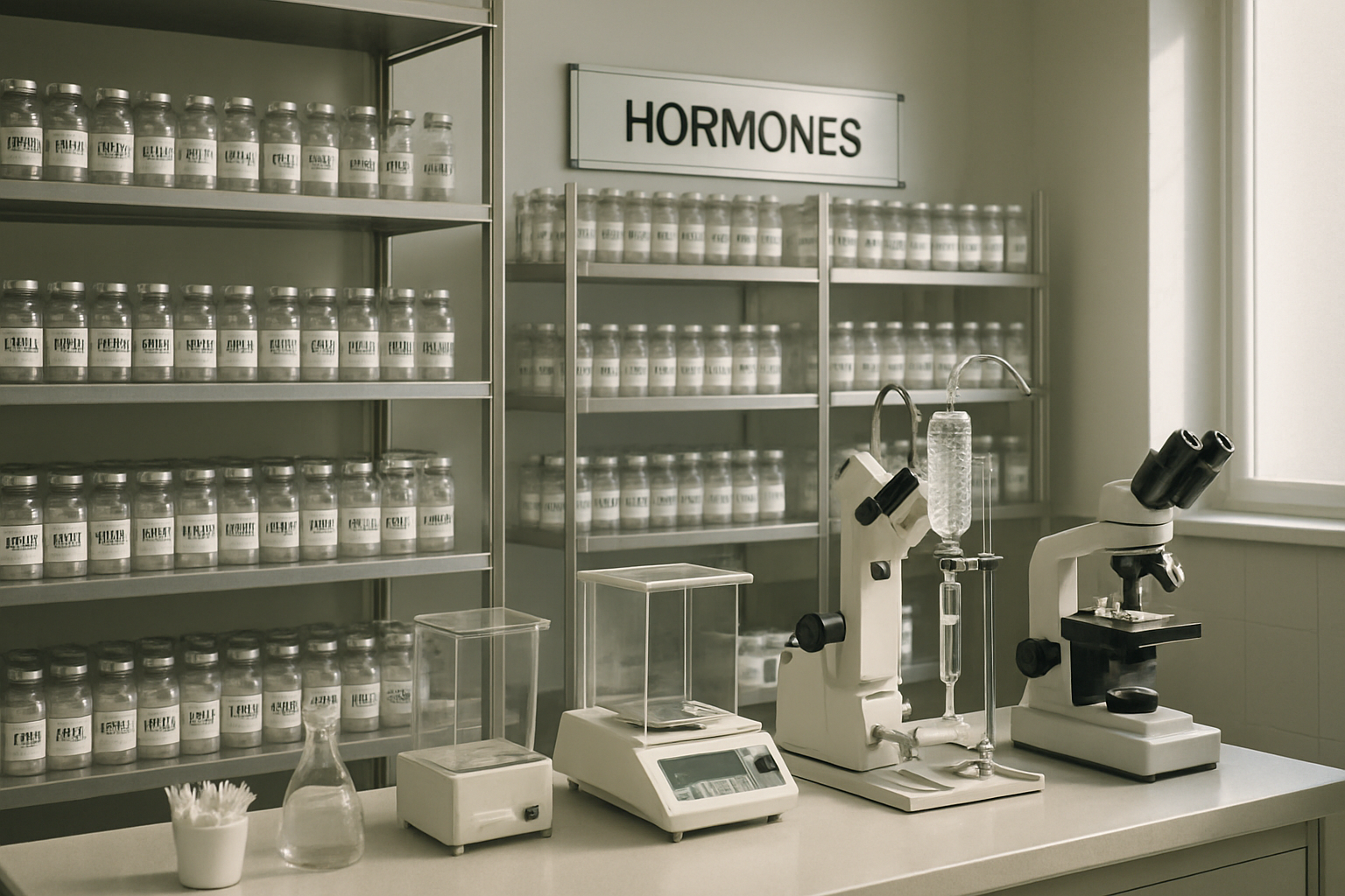 Pharmaceutical facility with hormone vials and extraction equipment.