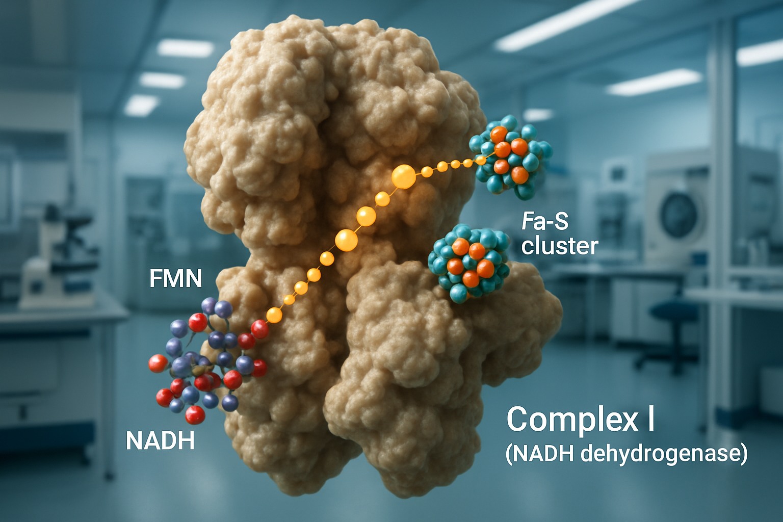 Close-up of Complex I in the electron transport chain showing electron transfer.