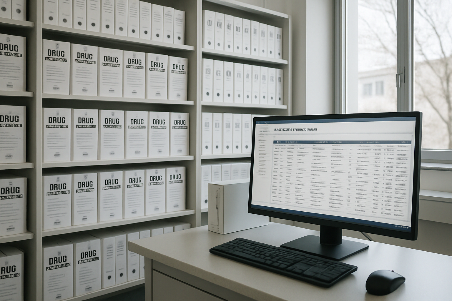 A well-organized pharmaceutical lab showcasing drug information storage with a computer workstation.