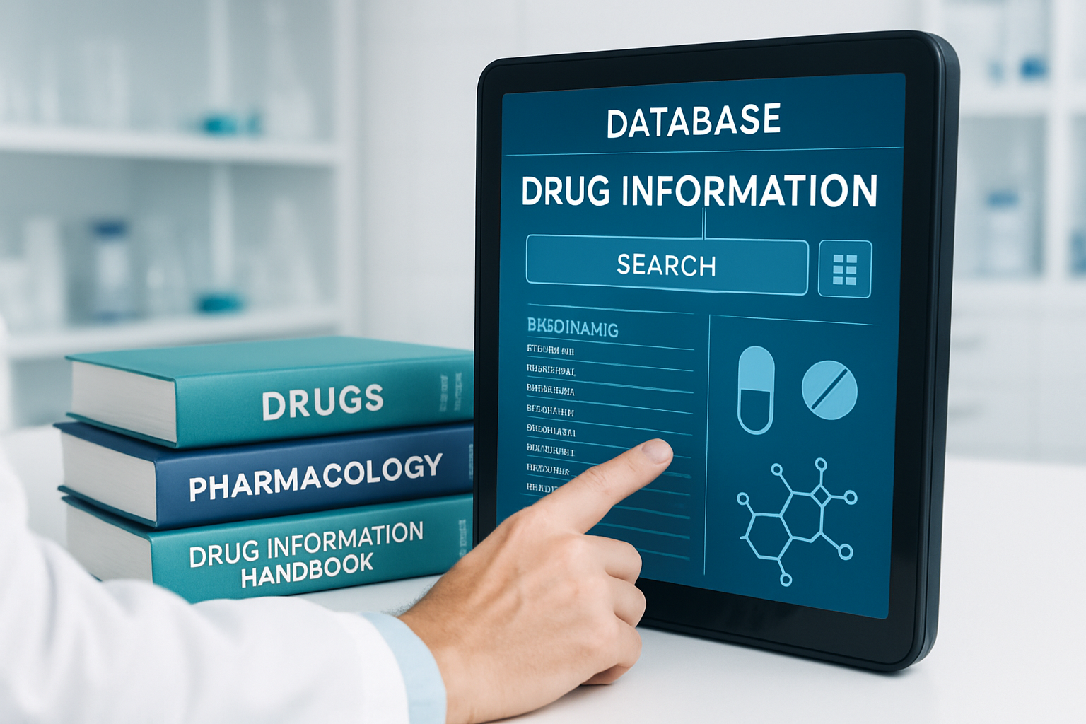 A researcher using a digital database system to retrieve pharmaceutical information in a lab.