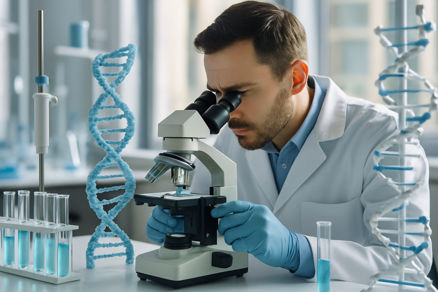 Scientist examining DNA strands in a laboratory setting with lab equipment.