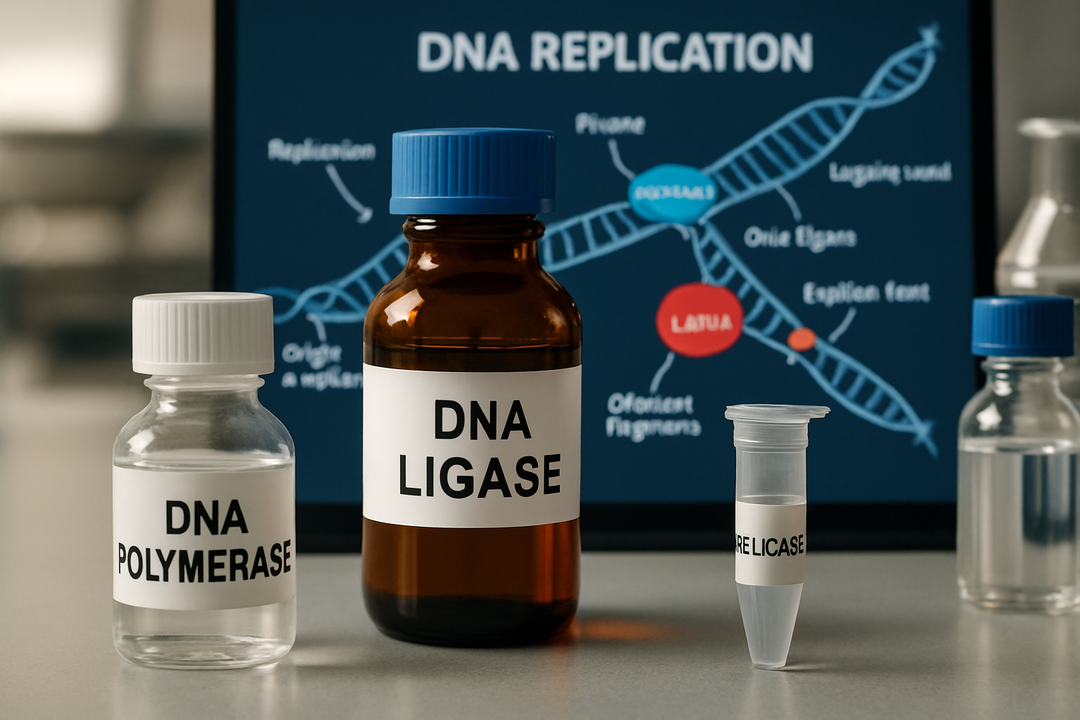 Key enzymes for DNA replication displayed on a lab bench with a diagram in the background.