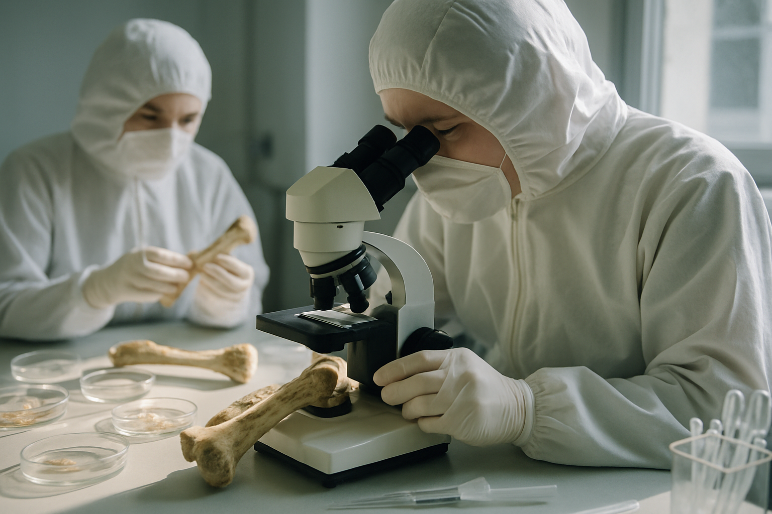 Researchers examining bone samples in a cleanroom laboratory.