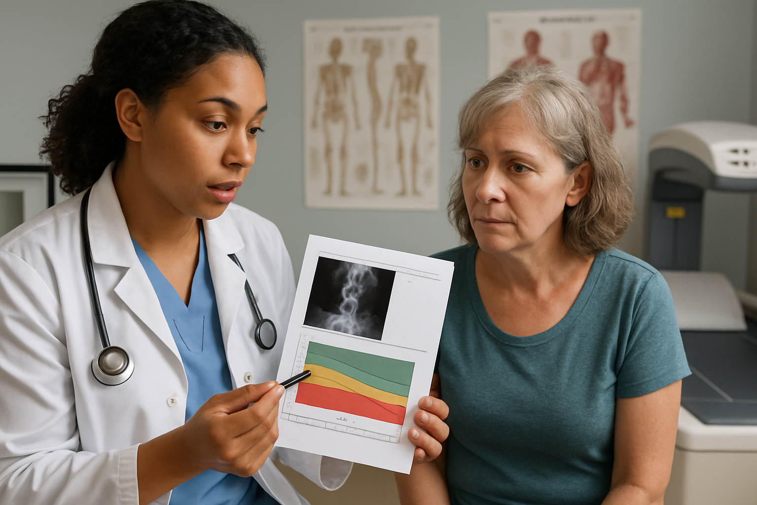 Healthcare professional discussing bone density scan results with a patient.