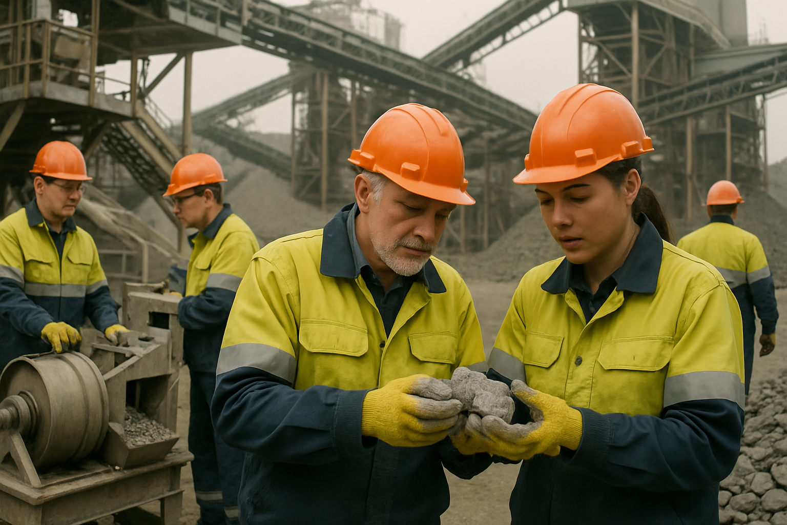 Mineral processing facility with workers examining raw materials.