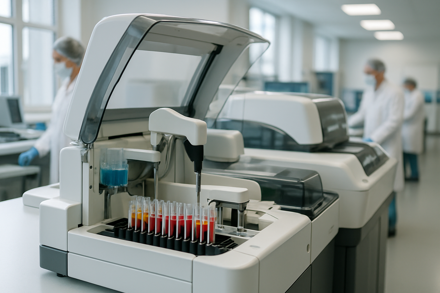 Automated analyzers in a laboratory processing blood samples for diagnostic testing.