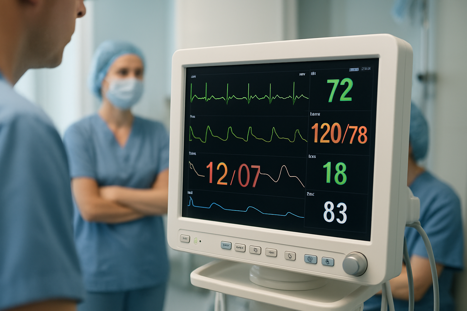 Patient monitoring system displaying vital signs in a hospital setting.