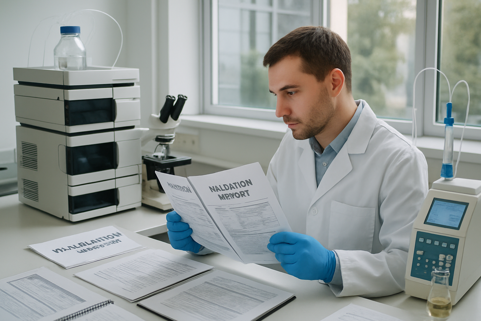 Pharmaceutical technician reviewing validation reports in a quality assurance lab.