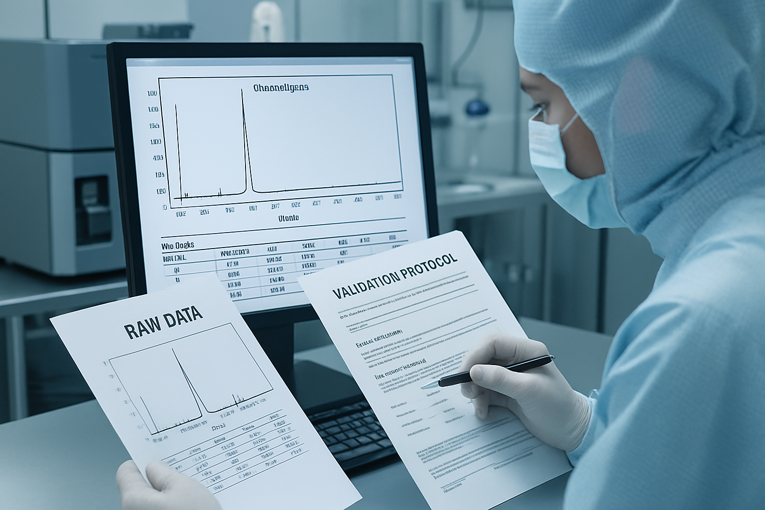 Quality assurance analyst examining raw data and validation documents in a cleanroom.