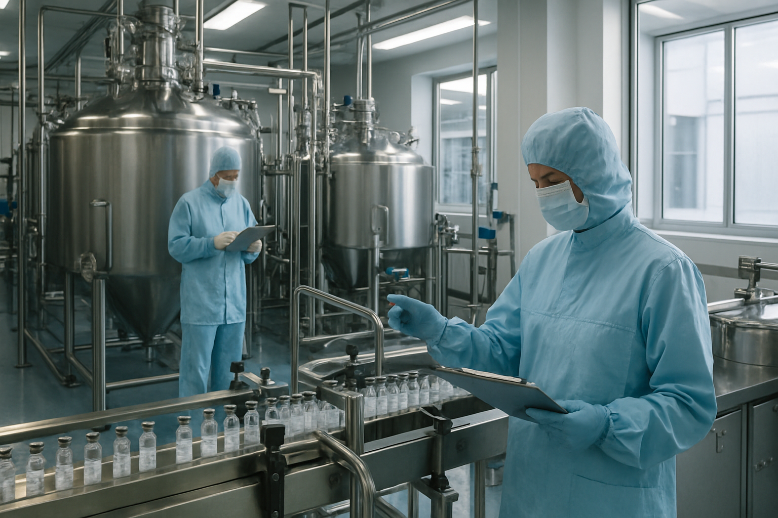 Pharmaceutical manufacturing facility with cleanroom and quality control checks.