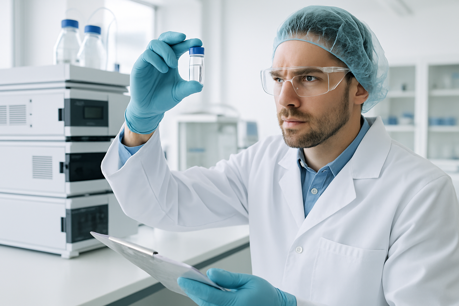 Laboratory technician analyzing pharmaceutical samples with advanced equipment.